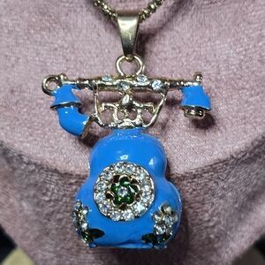 Betsey Johnson Blue Enamel Telephone Pendant Necklace with Green Crystal